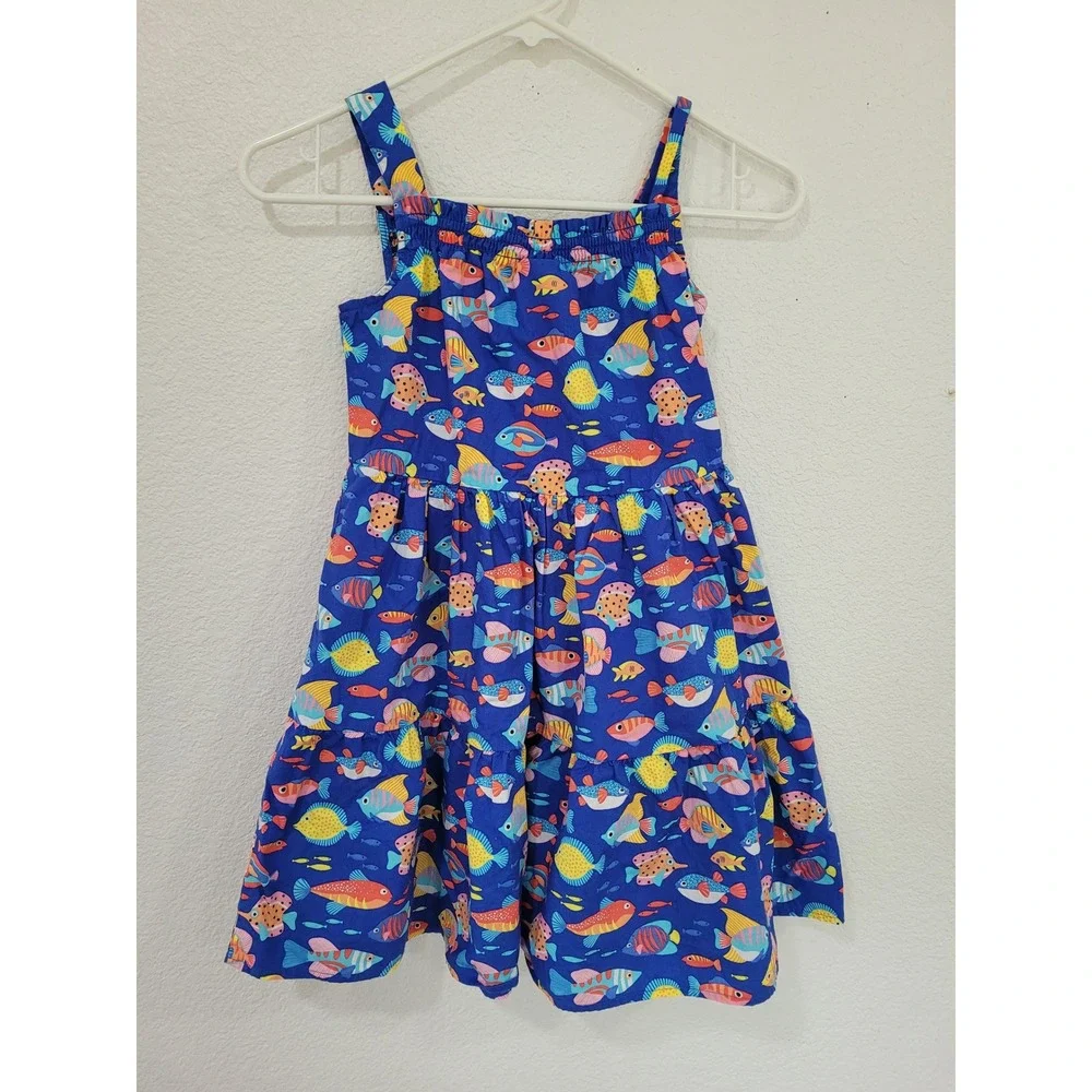 Gymboree Girls Size 8 Blue Fish Print Ruffle Midi Dress Cotton‎ Ocean #5